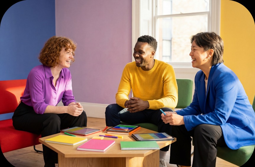 Three people sitting together and laughing in a bright, colourful room, notebooks and tablets on the table between them.